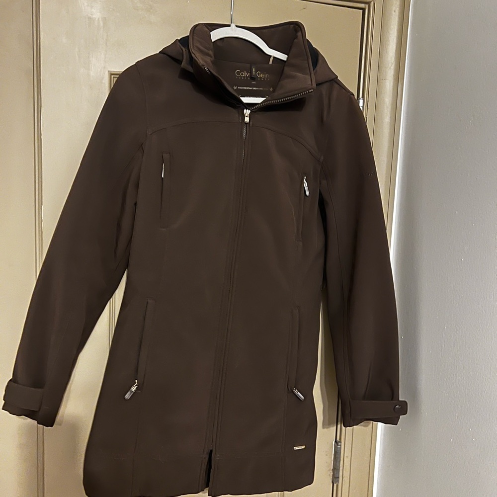Calvin Klein Brown Trench Coat with High Collar and Weather-Resistant Material